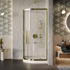 HD Elio+ Gold 90x90 íves két tolóajtós zuhanykabin fehér magas zuhanytálcával és arany szifonnal, arany elemekkel, 190 cm magas
