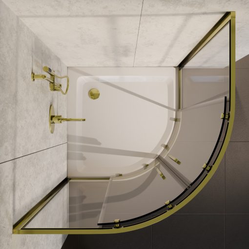 HD Elio+ Gold 80x80 íves két tolóajtós zuhanykabin fehér magas zuhanytálcával és arany szifonnal, arany elemekkel, 190 cm magas