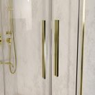 HD Elio+ Gold 90x90 íves két tolóajtós zuhanykabin fehér magas zuhanytálcával és arany szifonnal, arany elemekkel, 190 cm magas