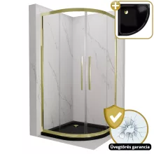 HD Elio+ Gold 90x90 íves két tolóajtós zuhanykabin fekete slim zuhanytálcával és arany szifonnal, arany elemekkel, 190 cm magas