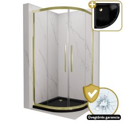   HD Elio+ Gold 80x80 íves két tolóajtós zuhanykabin fekete slim zuhanytálcával és arany szifonnal, arany elemekkel, 190 cm magas