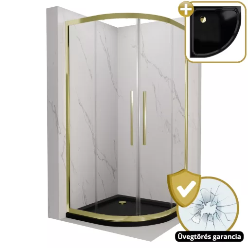 HD Elio+ Gold 90x90 íves két tolóajtós zuhanykabin fekete slim zuhanytálcával és arany szifonnal, arany elemekkel, 190 cm magas