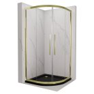 HD Elio+ Gold 90x90 íves két tolóajtós zuhanykabin fekete slim zuhanytálcával és arany szifonnal, arany elemekkel, 190 cm magas