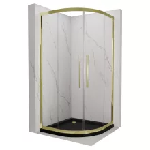 HD Elio+ Gold 90x90 íves két tolóajtós zuhanykabin fekete slim zuhanytálcával és arany szifonnal, arany elemekkel, 190 cm magas