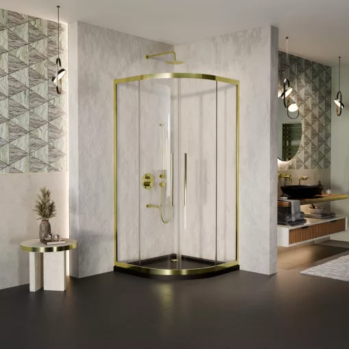 HD Elio+ Gold 90x90 íves két tolóajtós zuhanykabin fekete slim zuhanytálcával és arany szifonnal, arany elemekkel, 190 cm magas