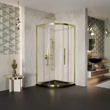 HD Elio+ Gold 90x90 íves két tolóajtós zuhanykabin fekete slim zuhanytálcával és arany szifonnal, arany elemekkel, 190 cm magas