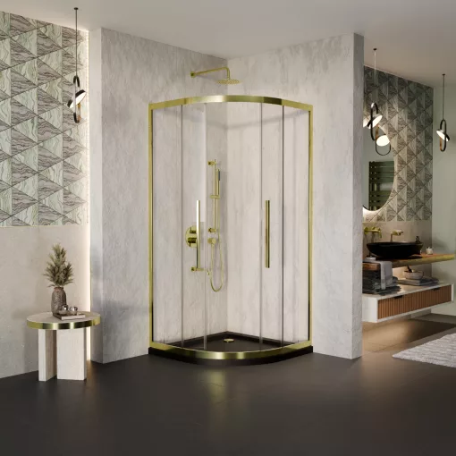 HD Elio+ Gold 90x90 íves két tolóajtós zuhanykabin fekete slim zuhanytálcával és arany szifonnal, arany elemekkel, 190 cm magas