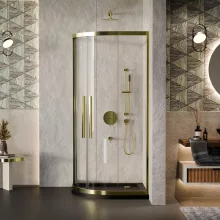 HD Elio+ Gold 90x90 íves két tolóajtós zuhanykabin fekete slim zuhanytálcával és arany szifonnal, arany elemekkel, 190 cm magas