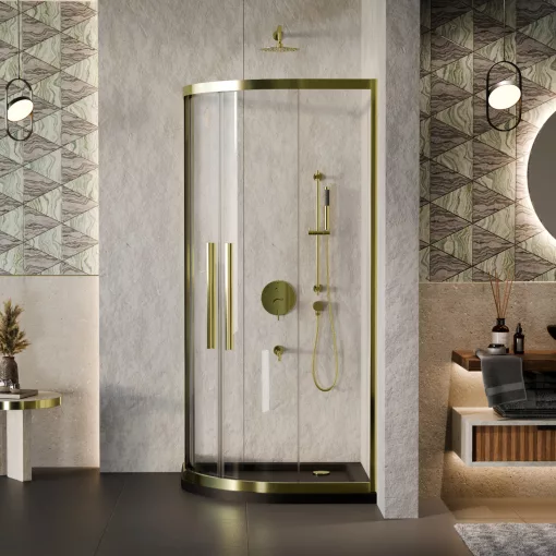 HD Elio+ Gold 90x90 íves két tolóajtós zuhanykabin fekete slim zuhanytálcával és arany szifonnal, arany elemekkel, 190 cm magas