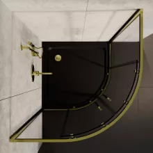 HD Elio+ Gold 90x90 íves két tolóajtós zuhanykabin fekete slim zuhanytálcával és arany szifonnal, arany elemekkel, 190 cm magas