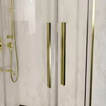 HD Elio+ Gold 90x90 íves két tolóajtós zuhanykabin fekete slim zuhanytálcával és arany szifonnal, arany elemekkel, 190 cm magas