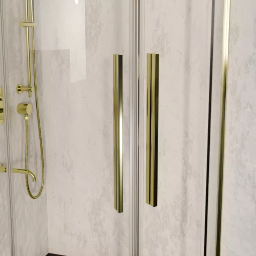 HD Elio+ Gold 90x90 íves két tolóajtós zuhanykabin fekete slim zuhanytálcával és arany szifonnal, arany elemekkel, 190 cm magas