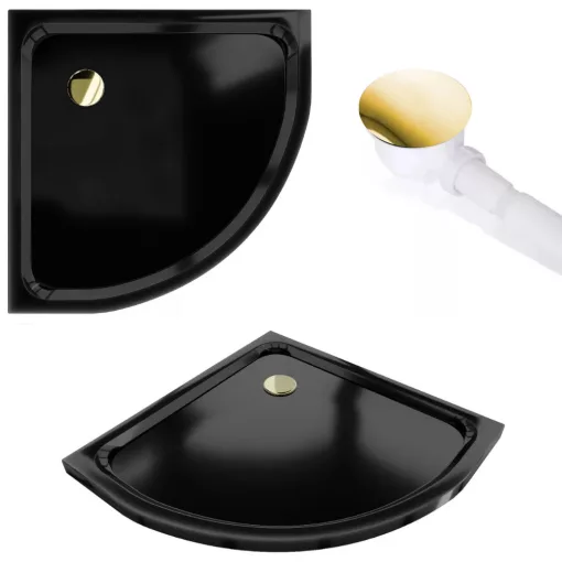 HD Elio+ Gold 90x90 íves két tolóajtós zuhanykabin fekete slim zuhanytálcával és arany szifonnal, arany elemekkel, 190 cm magas