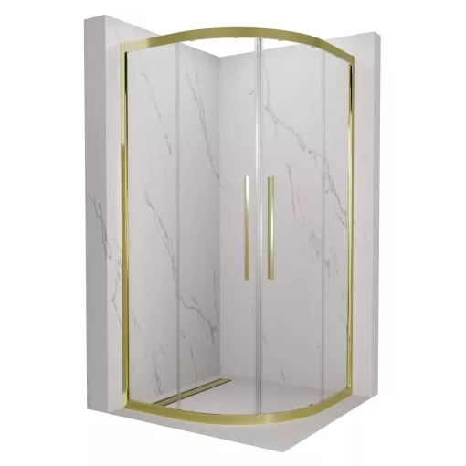 HD Elio+ Gold 80x80 íves két tolóajtós zuhanykabin 6 mm vastag vízlepergető biztonsági üveggel, arany elemekkel, 190 cm magas