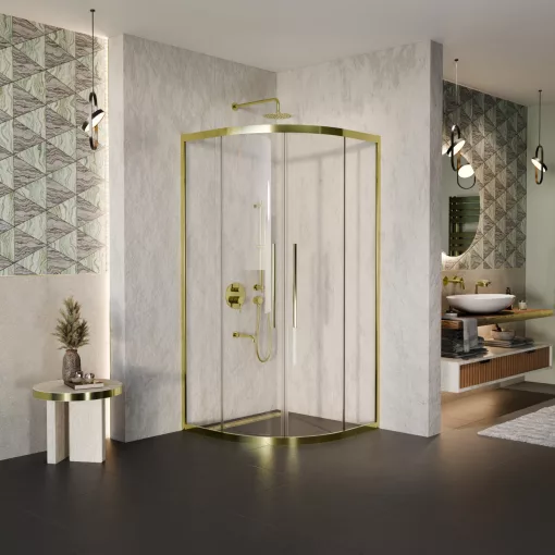 HD Elio+ Gold 80x80 íves két tolóajtós zuhanykabin 6 mm vastag vízlepergető biztonsági üveggel, arany elemekkel, 190 cm magas