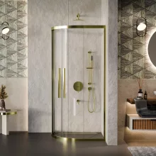 HD Elio+ Gold 80x80 íves két tolóajtós zuhanykabin 6 mm vastag vízlepergető biztonsági üveggel, arany elemekkel, 190 cm magas
