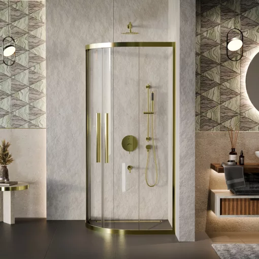 HD Elio+ Gold 80x80 íves két tolóajtós zuhanykabin 6 mm vastag vízlepergető biztonsági üveggel, arany elemekkel, 190 cm magas