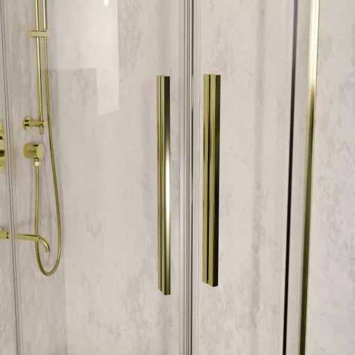 HD Elio+ Gold 80x80 íves két tolóajtós zuhanykabin 6 mm vastag vízlepergető biztonsági üveggel, arany elemekkel, 190 cm magas