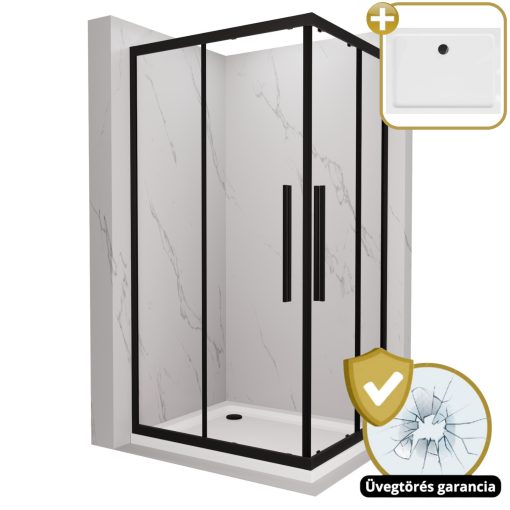 HD Elio+ Black 100x90 aszimmetrikus szögletes két tolóajtós zuhanykabin fehér slim zuhanytálcával és fekete szifonnal, fekete elemekkel, 190 cm magas