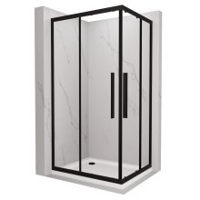 HD Elio+ Black 100x90 aszimmetrikus szögletes két tolóajtós zuhanykabin fehér slim zuhanytálcával és fekete szifonnal, fekete elemekkel, 190 cm magas