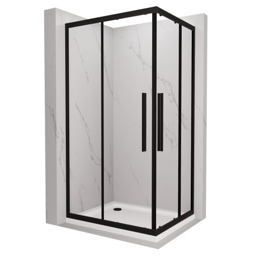 HD Elio+ Black 100x90 aszimmetrikus szögletes két tolóajtós zuhanykabin fehér slim zuhanytálcával és fekete szifonnal, fekete elemekkel, 190 cm magas