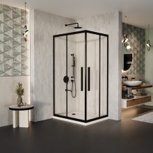 HD Elio+ Black 100x90 aszimmetrikus szögletes két tolóajtós zuhanykabin fehér slim zuhanytálcával és fekete szifonnal, fekete elemekkel, 190 cm magas