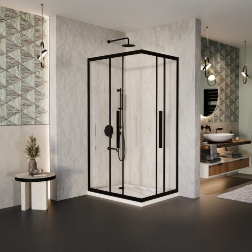 HD Elio+ Black 100x90 aszimmetrikus szögletes két tolóajtós zuhanykabin fehér slim zuhanytálcával és fekete szifonnal, fekete elemekkel, 190 cm magas