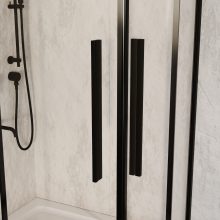 HD Elio+ Black 100x90 aszimmetrikus szögletes két tolóajtós zuhanykabin fehér slim zuhanytálcával és fekete szifonnal, fekete elemekkel, 190 cm magas