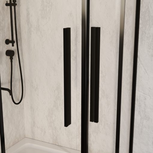 HD Elio+ Black 100x90 aszimmetrikus szögletes két tolóajtós zuhanykabin fehér slim zuhanytálcával és fekete szifonnal, fekete elemekkel, 190 cm magas