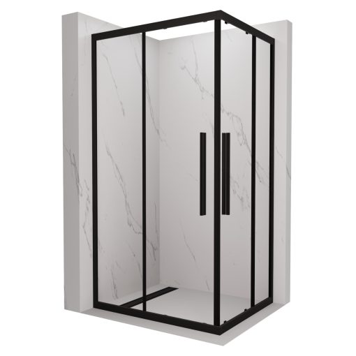 HD Elio+ Black aszimmetrikus szögletes két tolóajtós zuhanykabin 6 mm vastag vízlepergető biztonsági üveggel, fekete elemekkel, 190 cm magas