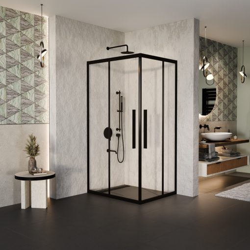 HD Elio+ Black aszimmetrikus szögletes két tolóajtós zuhanykabin 6 mm vastag vízlepergető biztonsági üveggel, fekete elemekkel, 190 cm magas