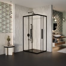 HD Elio+ Black aszimmetrikus szögletes két tolóajtós zuhanykabin 6 mm vastag vízlepergető biztonsági üveggel, fekete elemekkel, 190 cm magas