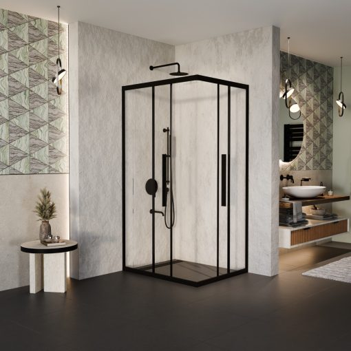 HD Elio+ Black aszimmetrikus szögletes két tolóajtós zuhanykabin 6 mm vastag vízlepergető biztonsági üveggel, fekete elemekkel, 190 cm magas