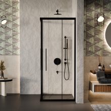 HD Elio+ Black aszimmetrikus szögletes két tolóajtós zuhanykabin 6 mm vastag vízlepergető biztonsági üveggel, fekete elemekkel, 190 cm magas