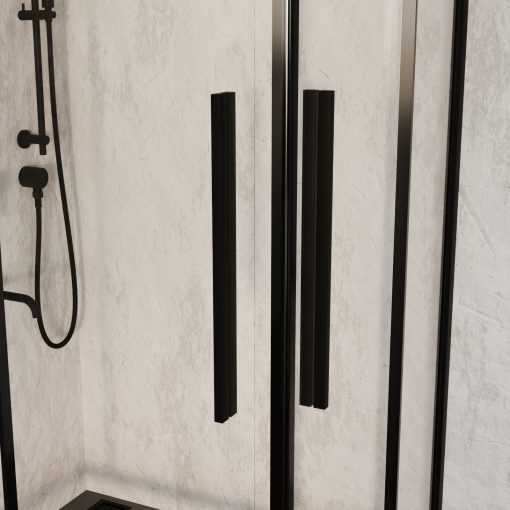 HD Elio+ Black aszimmetrikus szögletes két tolóajtós zuhanykabin 6 mm vastag vízlepergető biztonsági üveggel, fekete elemekkel, 190 cm magas