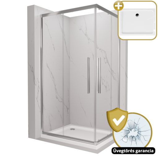 HD Elio+ 90x100 szögletes két tolóajtós zuhanykabin fehér slim zuhanytálcával és króm szifonnal, krómozott elemekkel, 190 cm magas