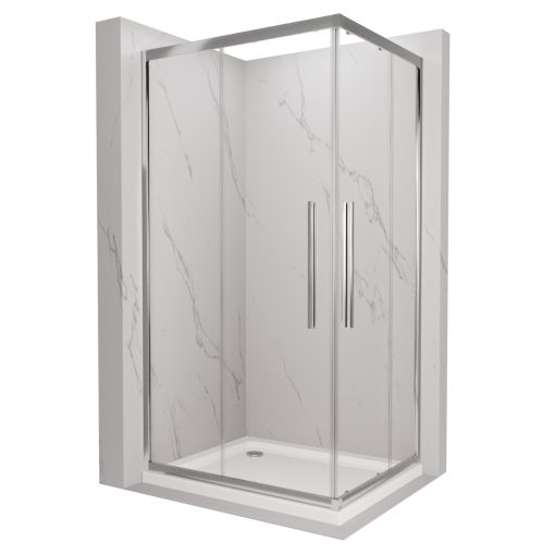 HD Elio+ 90x100 szögletes két tolóajtós zuhanykabin fehér slim zuhanytálcával és króm szifonnal, krómozott elemekkel, 190 cm magas