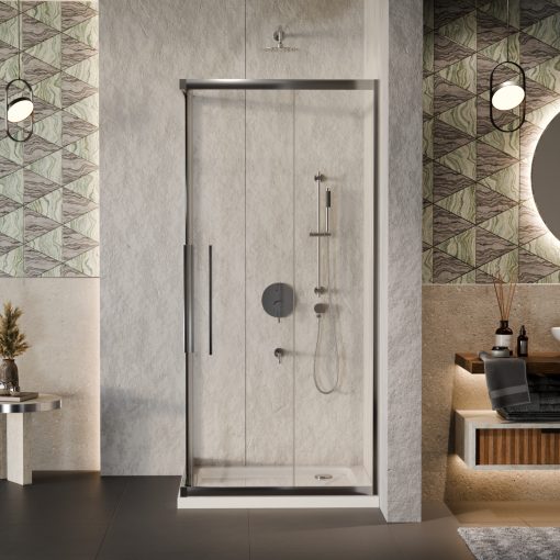 HD Elio+ 90x100 szögletes két tolóajtós zuhanykabin fehér slim zuhanytálcával és króm szifonnal, krómozott elemekkel, 190 cm magas