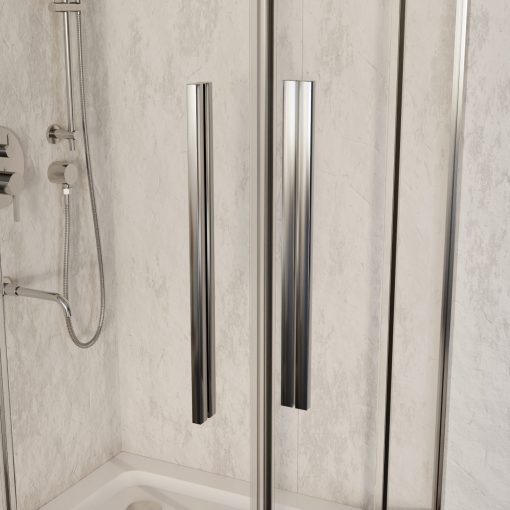 HD Elio+ 90x100 szögletes két tolóajtós zuhanykabin fehér slim zuhanytálcával és króm szifonnal, krómozott elemekkel, 190 cm magas