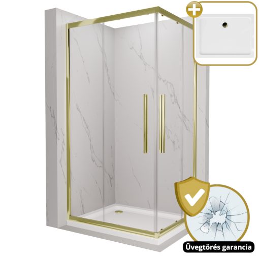 HD Elio+ Gold 90x70 aszimmetrikus szögletes két tolóajtós zuhanykabin fehér slim zuhanytálcával és arany szifonnal, arany elemekkel, 190 cm magas