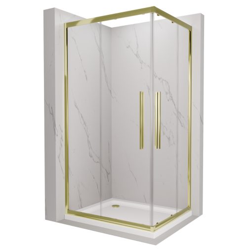 HD Elio+ Gold 90x70 aszimmetrikus szögletes két tolóajtós zuhanykabin fehér slim zuhanytálcával és arany szifonnal, arany elemekkel, 190 cm magas