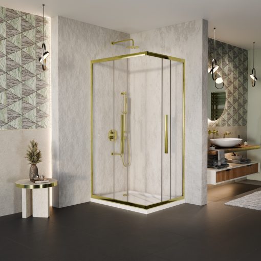 HD Elio+ Gold 90x70 aszimmetrikus szögletes két tolóajtós zuhanykabin fehér slim zuhanytálcával és arany szifonnal, arany elemekkel, 190 cm magas