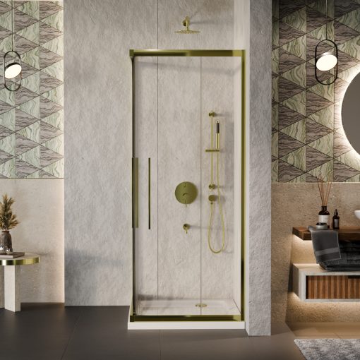 HD Elio+ Gold 90x70 aszimmetrikus szögletes két tolóajtós zuhanykabin fehér slim zuhanytálcával és arany szifonnal, arany elemekkel, 190 cm magas