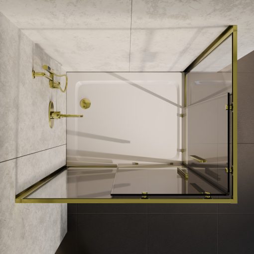 HD Elio+ Gold 90x70 aszimmetrikus szögletes két tolóajtós zuhanykabin fehér slim zuhanytálcával és arany szifonnal, arany elemekkel, 190 cm magas