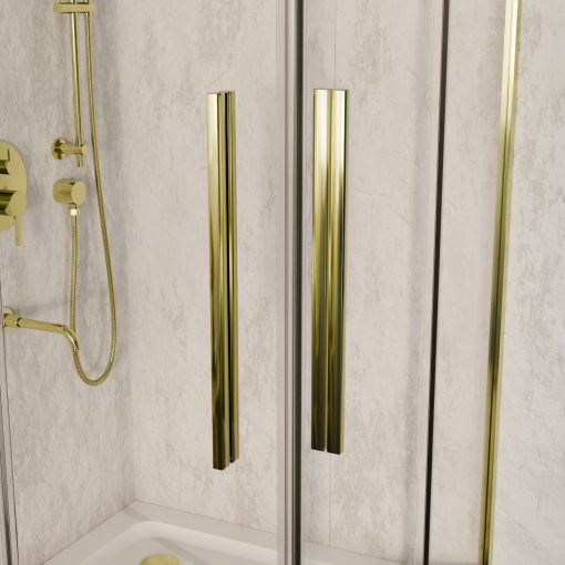 HD Elio+ Gold 90x70 aszimmetrikus szögletes két tolóajtós zuhanykabin fehér slim zuhanytálcával és arany szifonnal, arany elemekkel, 190 cm magas