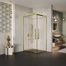 HD Elio+ Gold aszimmetrikus szögletes két tolóajtós zuhanykabin 6 mm vastag vízlepergető biztonsági üveggel, arany elemekkel, 190 cm magas