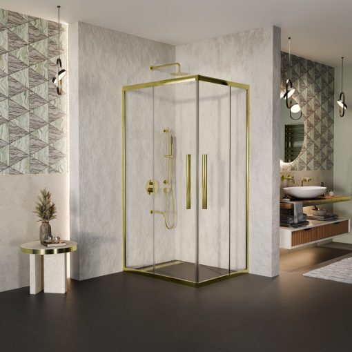 HD Elio+ Gold aszimmetrikus szögletes két tolóajtós zuhanykabin 6 mm vastag vízlepergető biztonsági üveggel, arany elemekkel, 190 cm magas