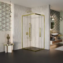 HD Elio+ Gold aszimmetrikus szögletes két tolóajtós zuhanykabin 6 mm vastag vízlepergető biztonsági üveggel, arany elemekkel, 190 cm magas