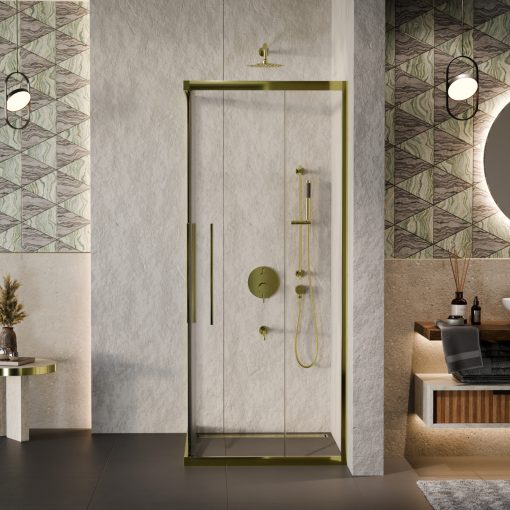 HD Elio+ Gold aszimmetrikus szögletes két tolóajtós zuhanykabin 6 mm vastag vízlepergető biztonsági üveggel, arany elemekkel, 190 cm magas