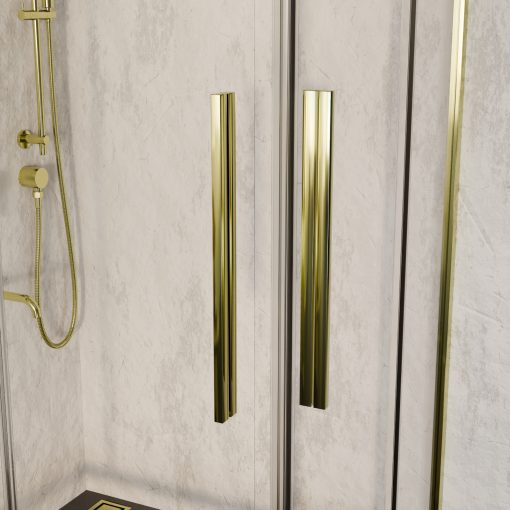 HD Elio+ Gold aszimmetrikus szögletes két tolóajtós zuhanykabin 6 mm vastag vízlepergető biztonsági üveggel, arany elemekkel, 190 cm magas